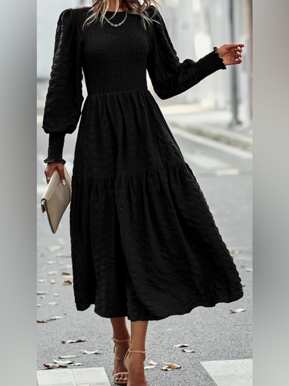 Smocked Bodice Black Midi Dress with Tiered Skirt